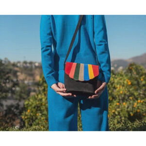 Cab Blanche Shell Canteen Black Suede Rainbow Clamshell Fold Crossbody Purse